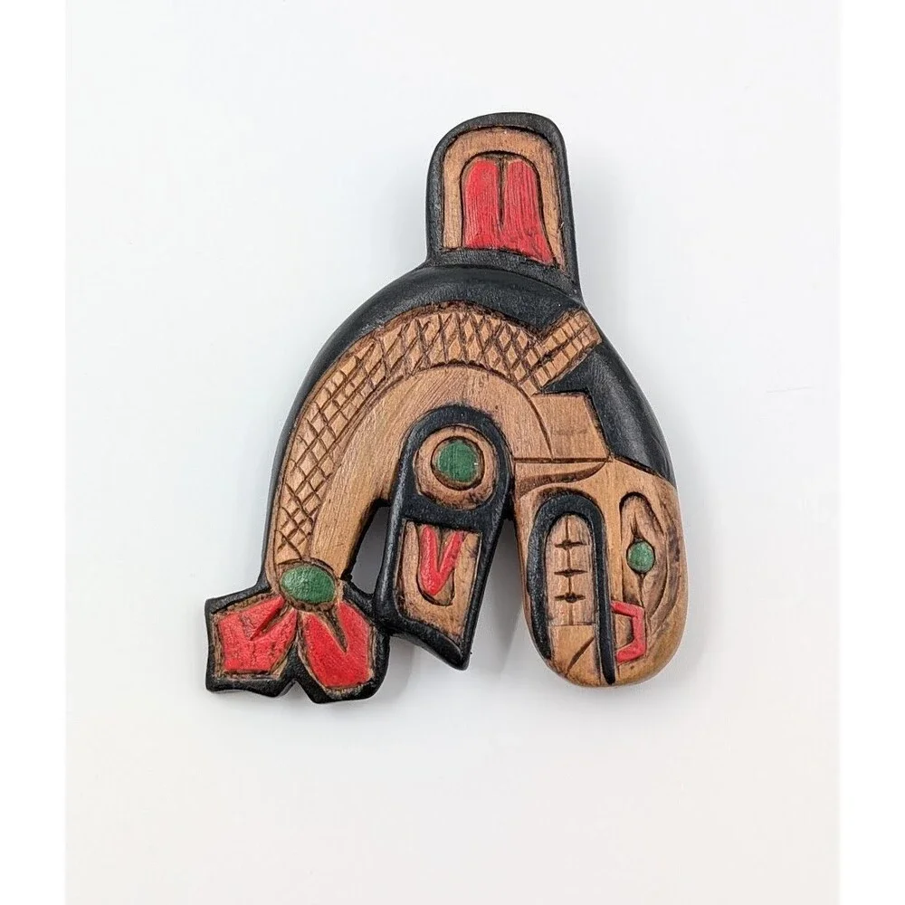 Artie George Signed Killer Whale Brooch Carved Yellow Cedar Salish First Nations